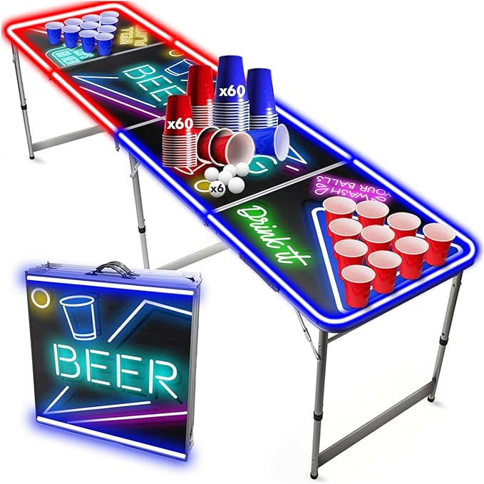 LED Beer Pong Table – Foldable with Cup Holders & Light Effects
